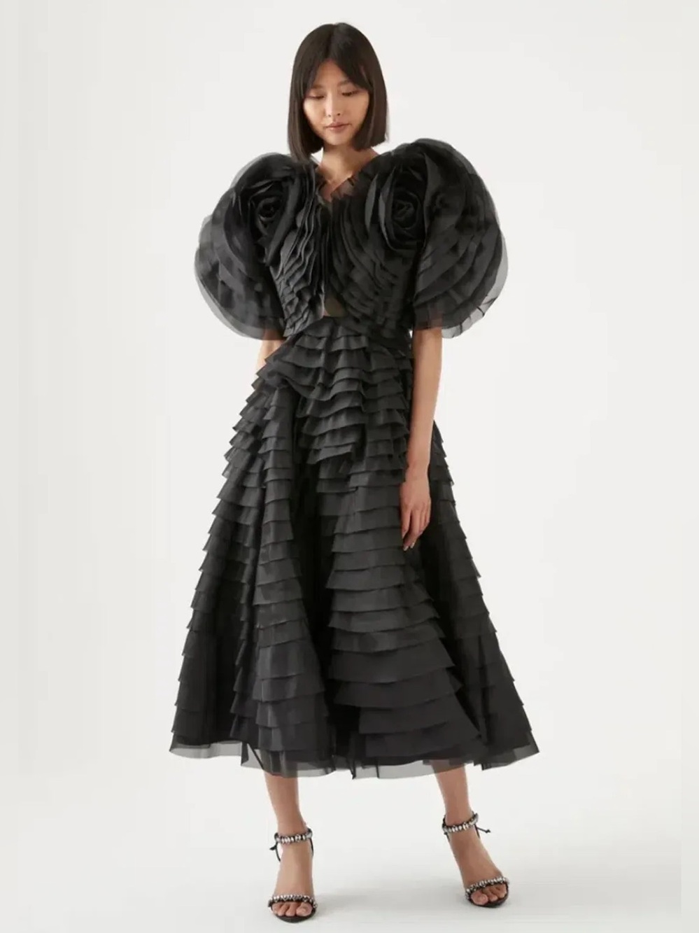 Aje Amour Size US O Ruffle Midi Dress Black